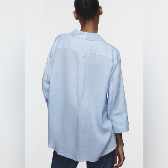 ZARA Asymmetrical hem linen shirt (blue) - Picture 4 of 4